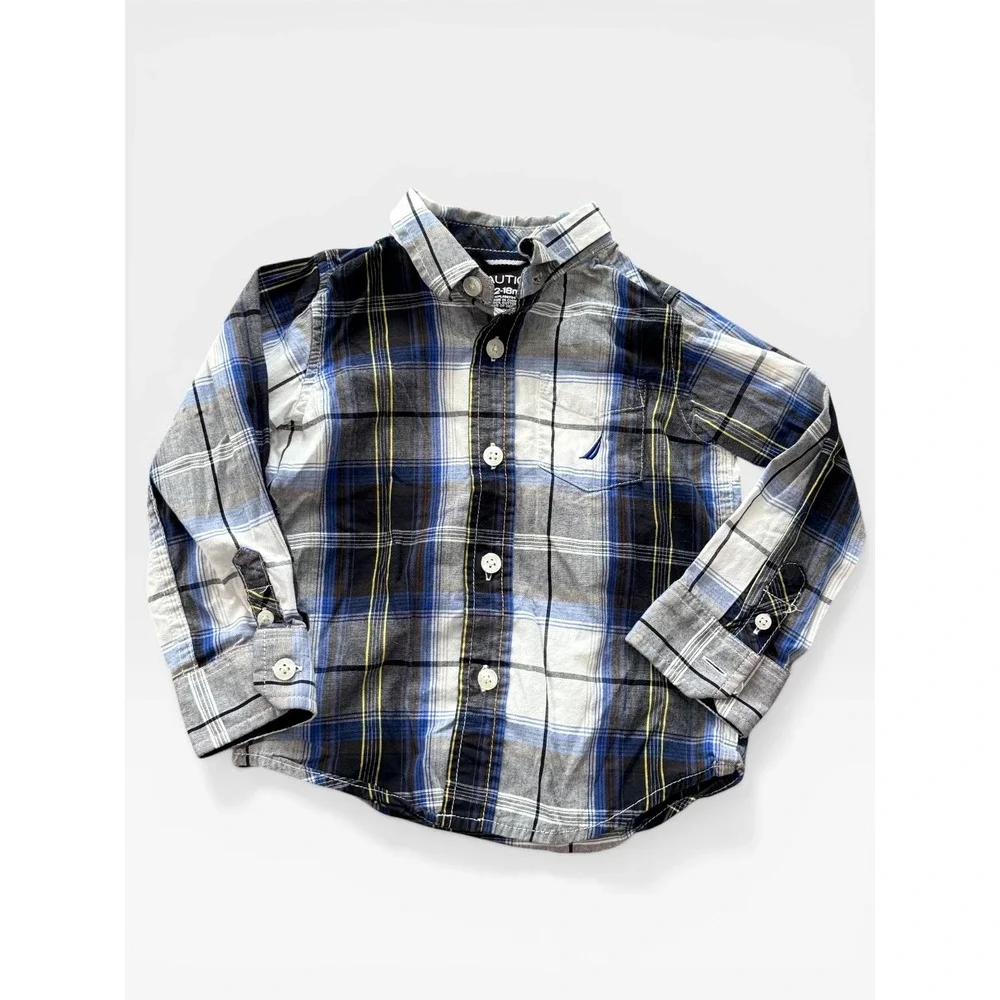 Nautica‎ Boys Blue Grey Plaid Long Sleeve Button Down Shirt 12-18 Months